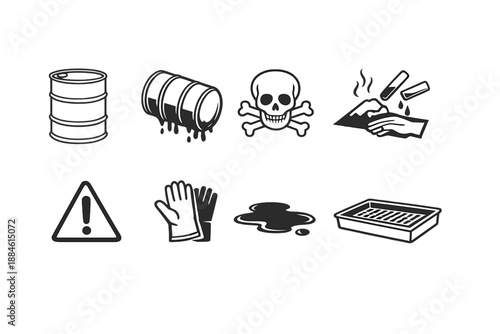 Hazard and safety icon set. Containing warning, toxic, danger, waste, gloves, contamination, cleanup, pollution and more.