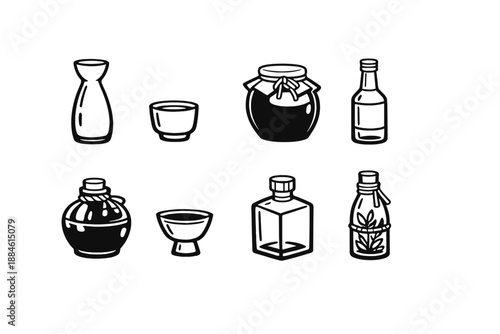 Food and beverage icon set. Containing bottle, jug, cup, jar, container, glass, drink, sauce, kitchen and more.