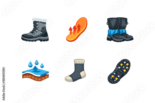 Footwear and Warmth Icon Set. Including boots, socks, insoles, waterproof, hiking, thermal, outdoor, soles and more.