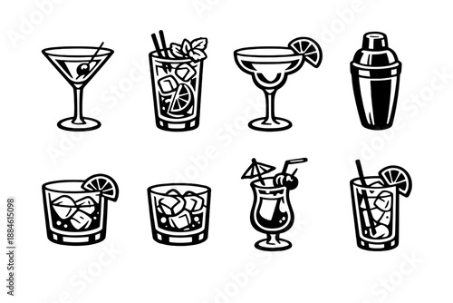 Cocktail and drink icon set. Featuring martini, cocktail, shaker, glass, beverage, ice, garnish, mixer, and more.