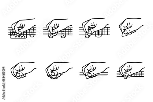 Music and guitar icon set. Containing chords, strings, notes, fingers, melody, strumming, rhythm, acoustic and more.
