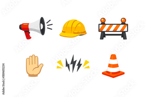 Construction and safety icon set. Containing megaphone, helmet, barrier, hand, explosion, hazard, traffic cone, warning and more.