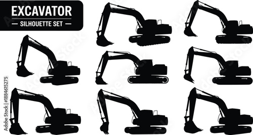 Excavator silhouette set, construction digging machines collection with hydraulic arm and bucket for heavy equipment and industrial work illustration