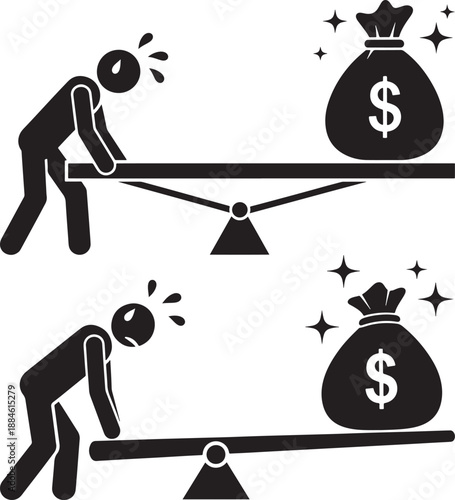 Stick figure balancing dollar bag silhouette wealth
