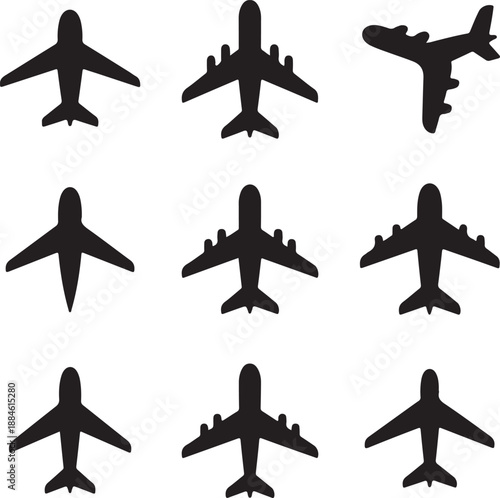 Various airplane silhouettes in different flying positions