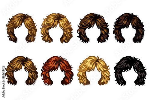 Hairstyles Icons Set. Containing curls, braids, waves, updo, bob, bangs, ponytail, fringe, twists, volume, layers, texture, length, color, highlights, shine, styling, accessories,