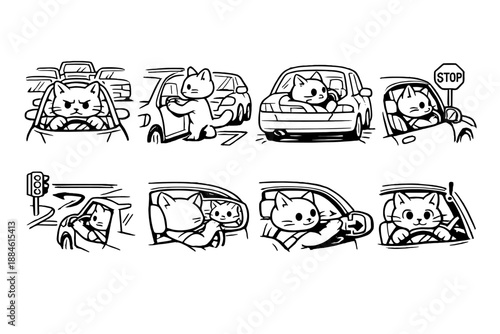 Transportation and Driving Icon Set. Featuring car, traffic, stop sign, signal, driver, passenger, vehicle, road, and more.