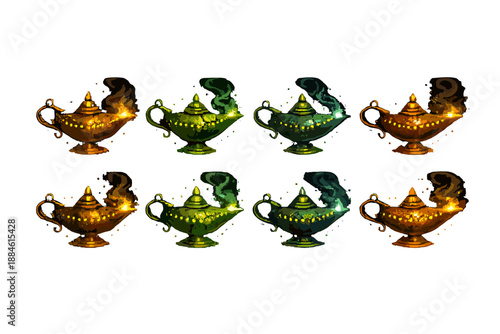 Magic and fantasy icon set. Containing lamp, genie, smoke, light, shimmer, wish, enchantment, mystical, treasure, myth, legend, magic, spell, wonder, dream, imagination, fairy,