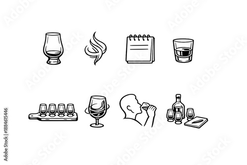 Beverage and tasting icon set. Featuring whiskey, glass, tasting, note, bar, drink, sampler, pour, spirit, and more.
