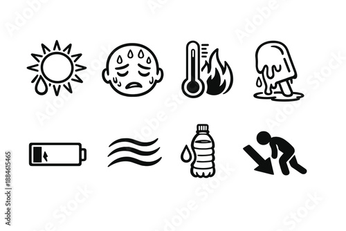 Weather and climate icon set. Containing sun, temperature, sweat, heat, water, dehydration, humidity, battery, and more.