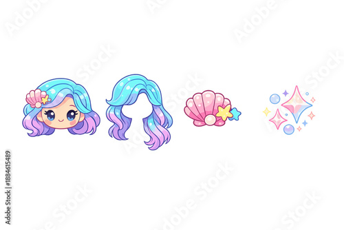 Hair and beauty icon set. Featuring hairstyles, accessories, shells, sparkle, and more.