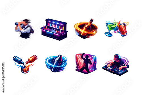 Bar and nightlife icon set. Featuring bartender, drinks, cocktails, music, party, celebration, dancing, and nightlife.