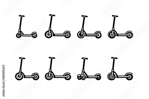 Transportation and mobility icon set. Containing scooter, vehicle, ride, urban, eco-friendly, travel, speed, commute, wheels, pathway, lightweight, fun, efficiency, style, movement