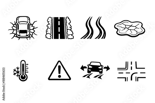 Vehicle Safety Icons Set: warning, temperature, slippery, collision, obstacle, steering, braking, alert, maintenance, traction, sensor, visibility, hazard, control, dashboard,