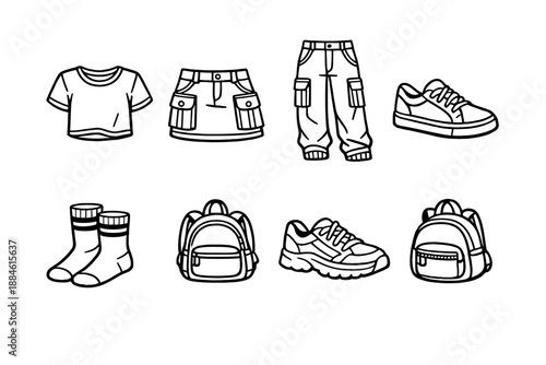 Clothing and Accessories Icon Set. Featuring shirt, shorts, pants, shoes, socks, backpack, and sneakers.