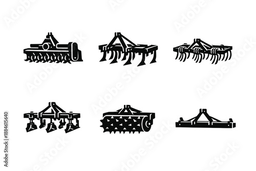 Agricultural Equipment Icon Set. Featuring tractor, plow, harrow, cultivator, seeder, and harvester.