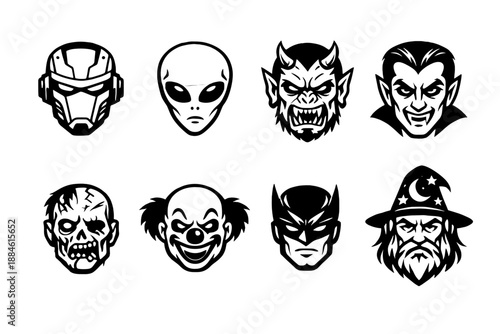 Fantasy and Horror Icons Set. Featuring monster, alien, zombie, clown, wizard, vampire, demon, robot and more.