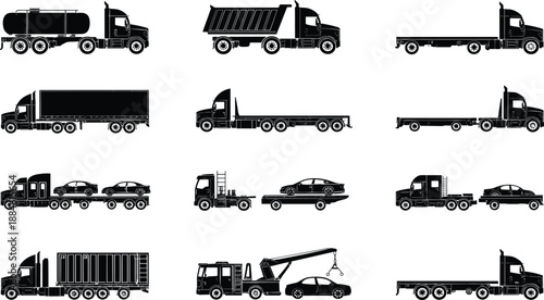 Heavy duty truck silhouette set with tanker, dump truck, flatbed, trailer, car carrier and tow truck for logistics and transport design