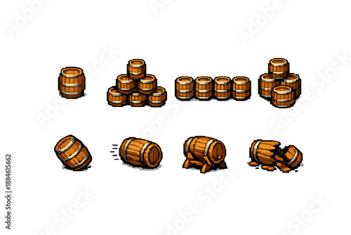 Barrel icon set. Containing wood, storage, drink, cargo, round, container, vintage, rustic, beverage and more.