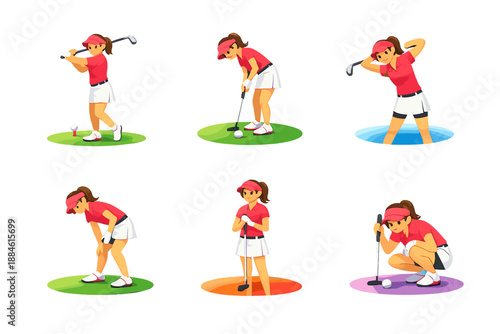 Sports icon set. Featuring golf, player, swing, ball, hole, club, tee, putt, green, score, competition, tournament, fairway, drive, swing, caddy, flag, kit, equipment, game,
