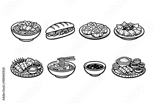 Food and Cuisine Icon Set: including dishes, snacks, meals, noodles, sushi, sandwiches, sauces, bowls, and more.