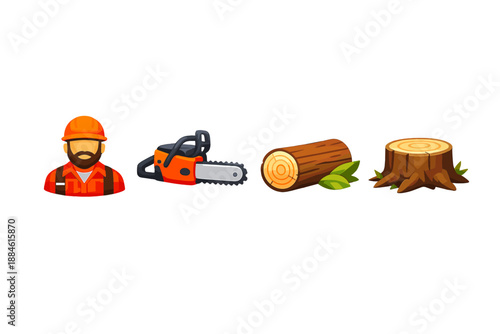 Lumber and forestry icon set. Containing logger, chainsaw, tree, stump, wood, leaf, cut, forest, lumberjack and more.