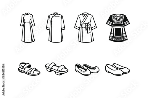 Clothing and fashion icon set. Containing dress, robe, sandals, shoes, outfit, style, textile, apparel, and more.