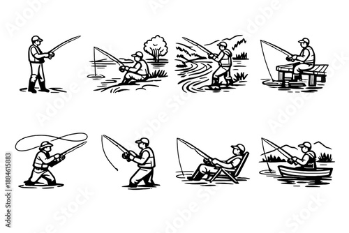 Fishing Icon Set. Featuring angler, rod, catch, boat, lake, river, tackle, bait, and more.