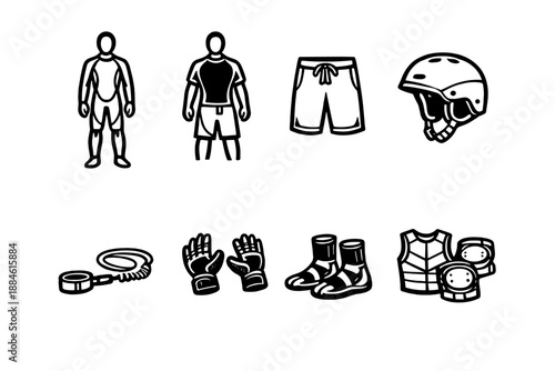 Sports and safety icons set. Containing helmet, gloves, protection, gear, shorts, outfit, pads, and more.