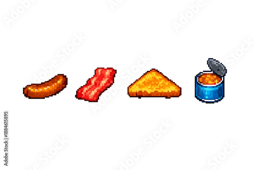 Food and beverage icon set. Containing sausage, bacon, toast, canned, cheese, snack, meal, breakfast and more.