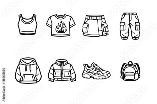 Fashion and clothing icon set. Containing apparel, shoes, backpack, t-shirt, shorts, jacket, hoodie, and more.