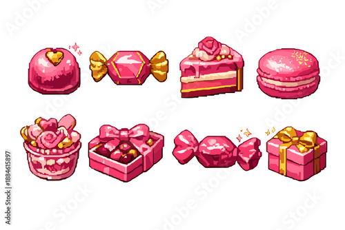 Dessert and Candy Icon Set. Containing cake, chocolate, candy, macaron, sweets, treats, dessert, sugar, pastry, ribbon, gift, jelly, lollipop, confectionery, gourmet, frosting,