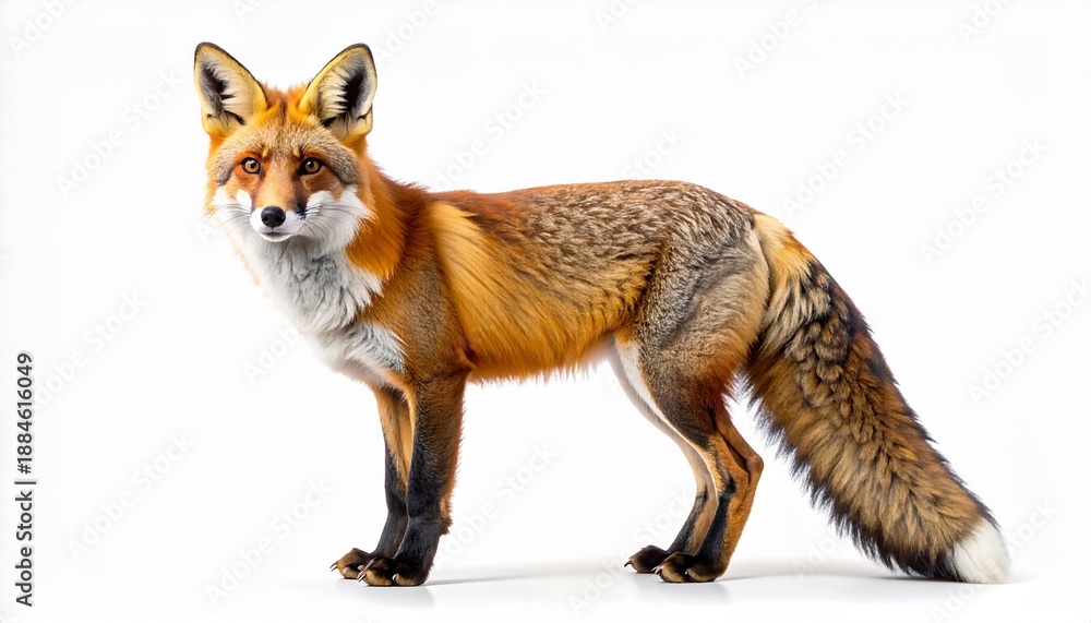 Obraz premium Full-length portrait of a beautiful red fox standing and looking directly at the camera. This elegant wild animal, Vulpes vulpes, is isolated on a pure white background with copy space.