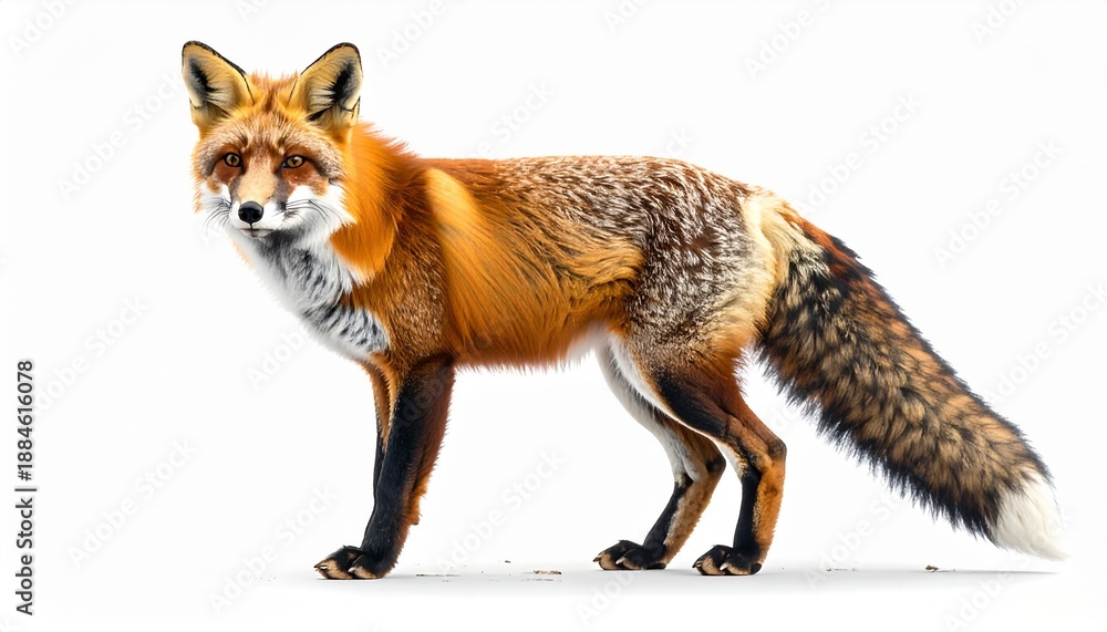 Fototapeta premium A beautiful red fox, Vulpes vulpes, stands alert and looks directly at the camera. This stunning wildlife portrait shows the animal's vibrant orange fur and bushy tail, isolated on a white background