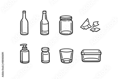 Recycling and waste management icon set. Containing bottle, jar, container, glass, waste, recycle, trash, packaging and more.
