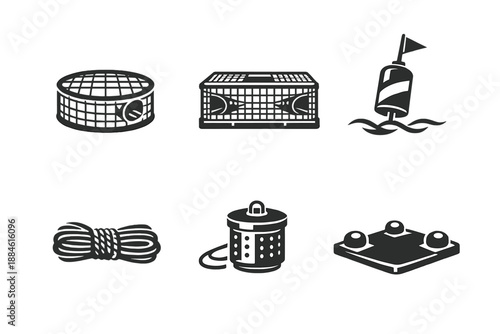 Fishing and aquatic icon set. Containing net, buoy, basket, rope, trap, hooks, and more.