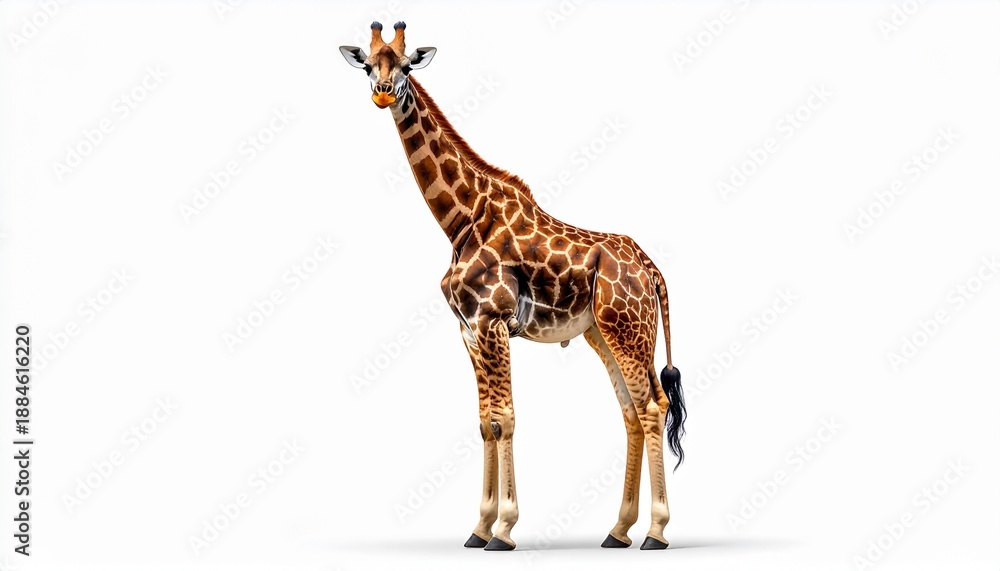 Obraz premium A full-length portrait of a majestic African giraffe, showing its distinctive spotted coat and long neck, standing gracefully and looking at the camera, isolated on a clean white background.