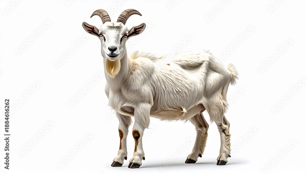 Obraz premium Full-body portrait of a majestic white goat with impressive horns and a goatee, standing proudly and looking directly at the camera. This farm animal is isolated on a clean white background.