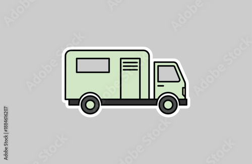 A green camper van with a truck attached to it on a gray background