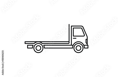 A simple line drawing of a flatbed tow truck on a white background