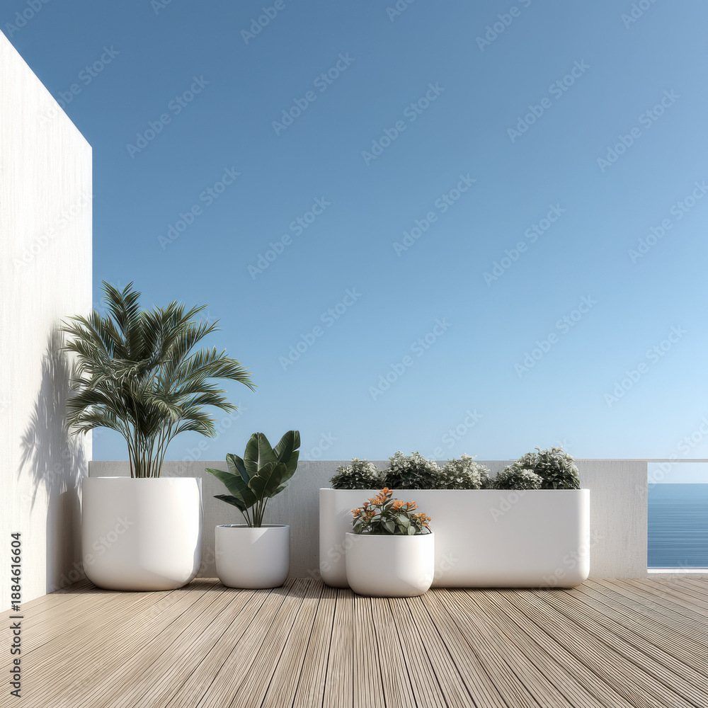 Fototapeta premium Modern white planters with green plants on wooden balcony, ocean view, minimal design, peaceful atmosphere, clear blue sky