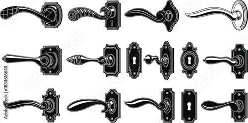 Collection of Vintage Door Handle and Knob Silhouette Icons Isolated on White Background for Interior Design Hardware Catalog Architecture Restoration and Home Decor Projects