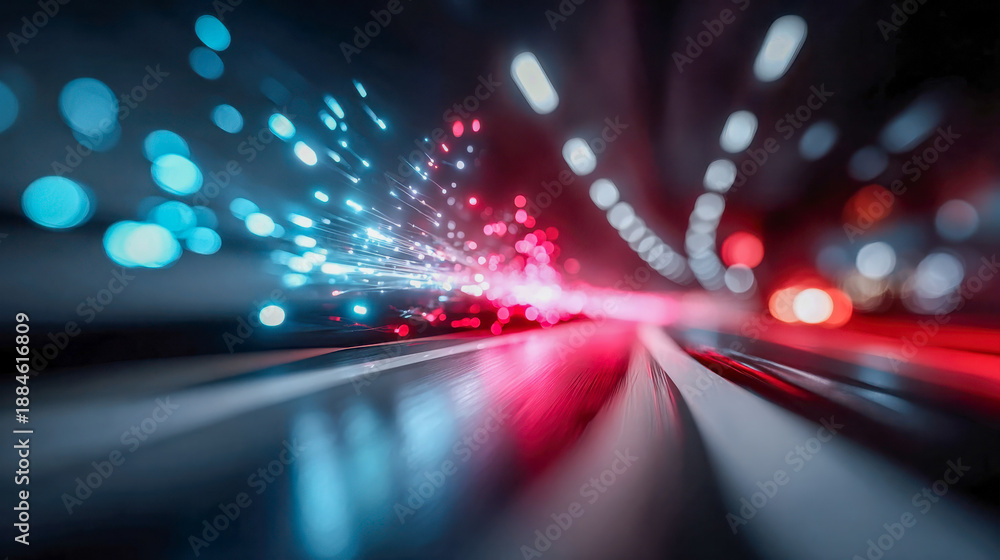 Fototapeta premium Futuristic glowing light tunnel with motion blur, symbolizing high-speed data transfer and digital acceleration