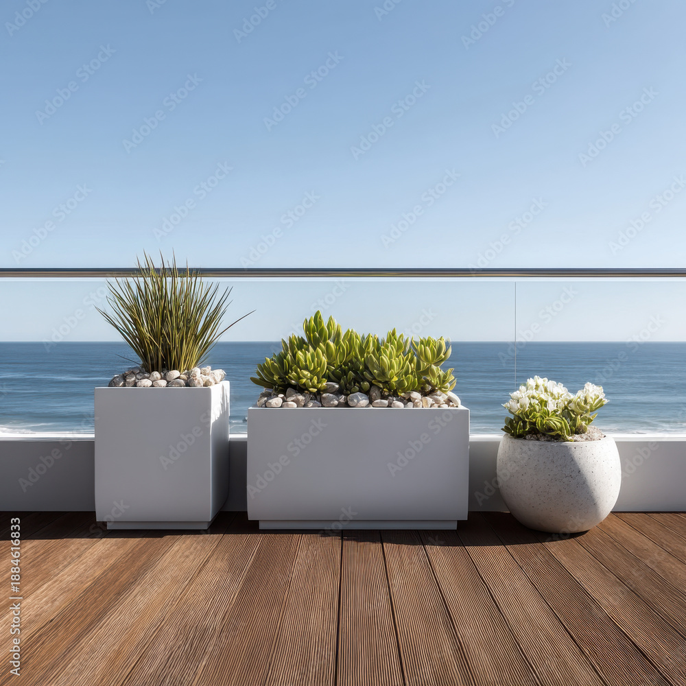 Fototapeta premium Modern white planters with green plants on wooden deck, ocean view, clear sky, peaceful outdoor setting