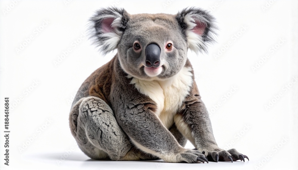 Fototapeta premium Full body shot of a cute Australian koala bear sitting and looking directly at the camera. Fluffy marsupial with gray fur and big ears, isolated on a clean white background studio shot.
