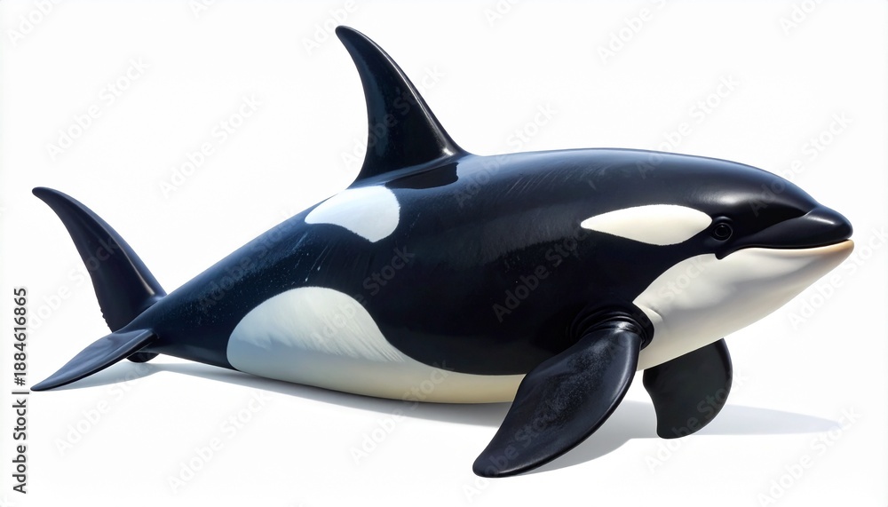 Obraz premium Realistic illustration of a majestic Orca, also known as a killer whale, shown in a full-body side view. This powerful marine mammal is isolated on a clean, crisp white background.