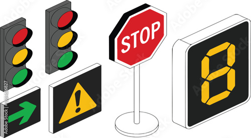 Isometric Traffic Control Icons – Stop, Warning, and Digital Road Signs