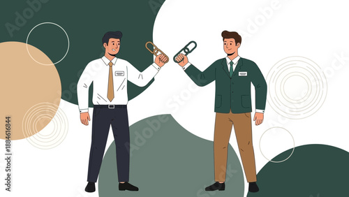 Businessmen connecting chain links, teamwork, partnership, collaboration concept
