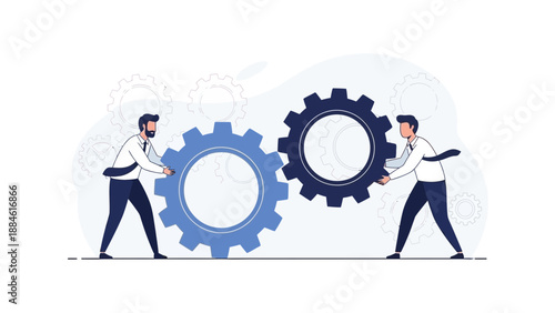 Businessmen connecting gears, teamwork and cooperation concept, flat design illustration