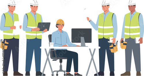 Construction Engineers Team – Industrial Project Management Vector Illustration